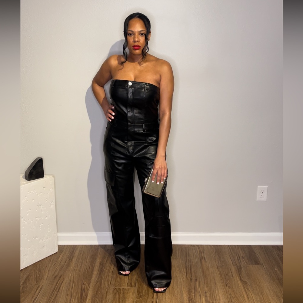 Black Leather Cargo Jumpsuit